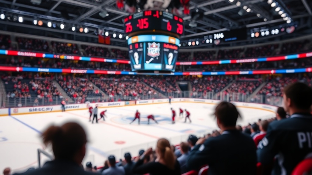 하키 경기장 상단에 설치된 스코어보드에 피리어드와 남은 시간이 표시되는 장면