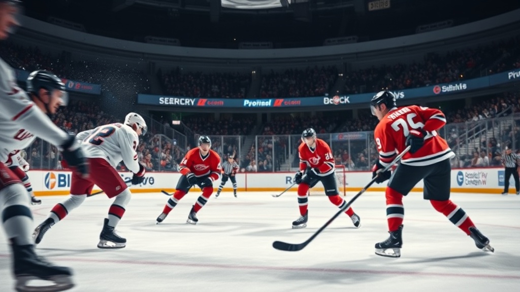 아이스하키 경기장에서 양 팀 선수들이 경기를 진행하는 전체적인 장면