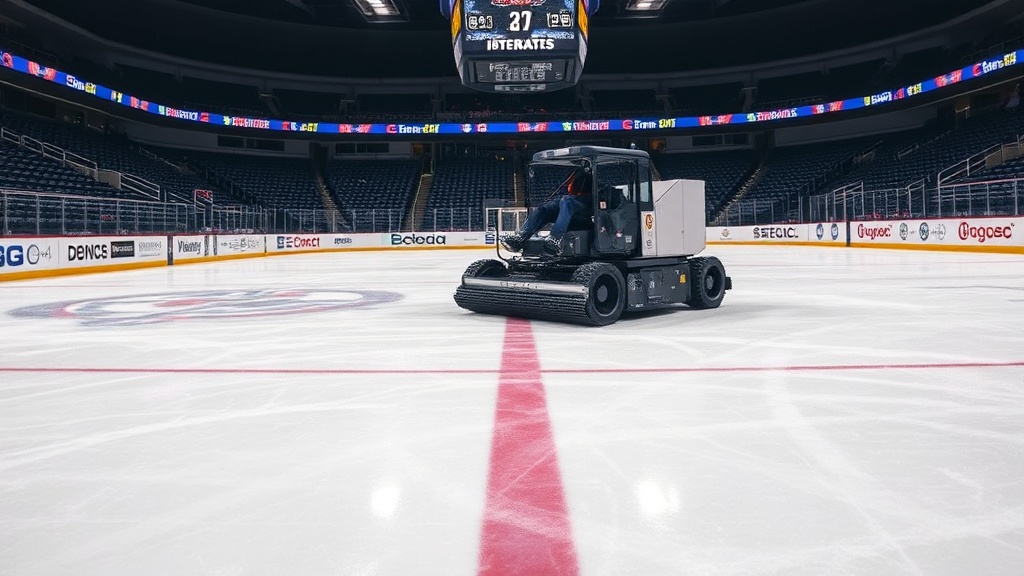 인터미션 시간 동안 링크 표면을 정비하는 얼음 정비 장비의 작동 장면